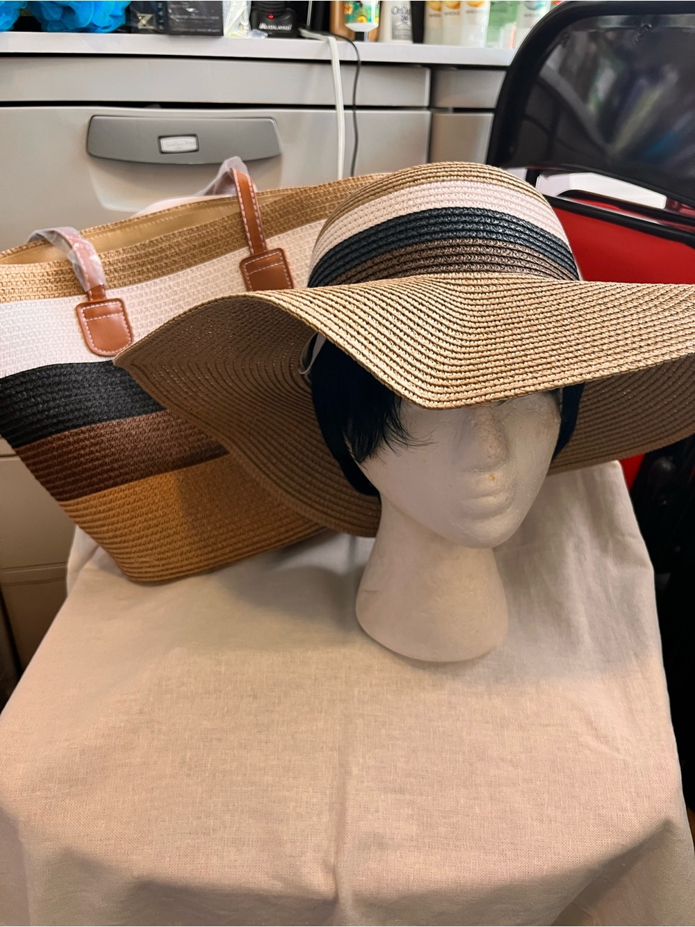 Beautiful Wide Brim Straw Sun Hat and Tote Set - Brown/Black Stripes